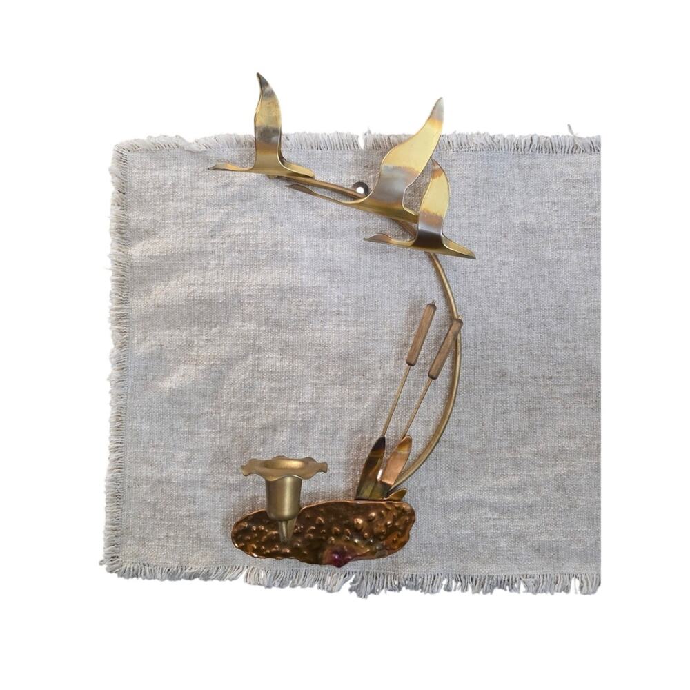 VTG Homco Brass Metal Copper Geese Ducks Cattail Wall Hanging Art Candle Holder